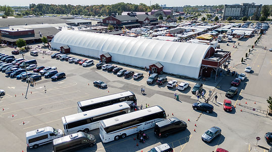 Overhead view of St. Jacobs Farmers Market showing the bus parking area 