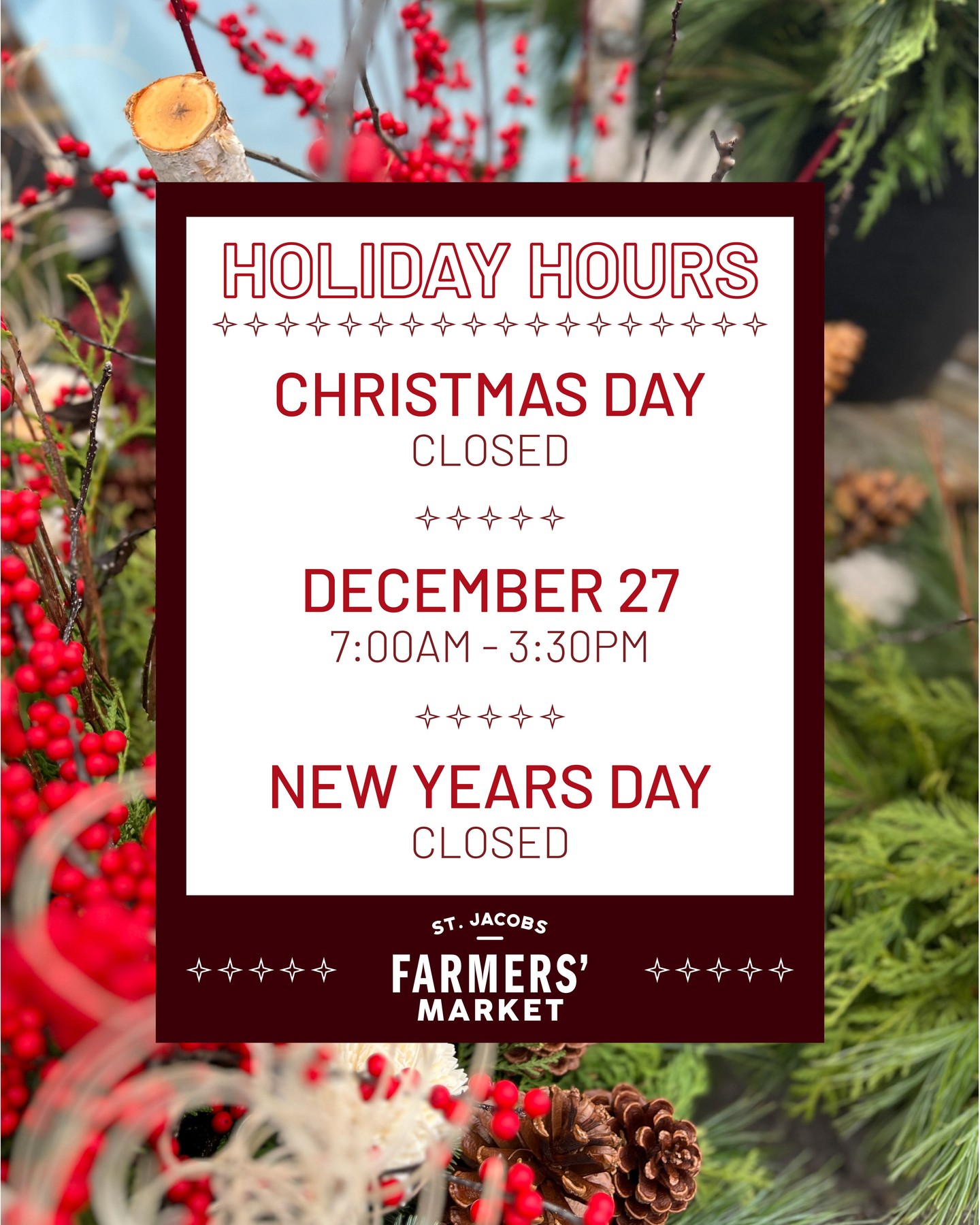 ⭐ Holiday hours are here! ⭐
Swing by for all your festive market runs, just note we’re CLOSED Christmas Day and New Year’s Day.
Plan your visits, grab your goodies, and soak up every sparkly moment the market has to offer — nothing worse than showing up to closed doors with a coffee in hand. See you under the twinkle lights!