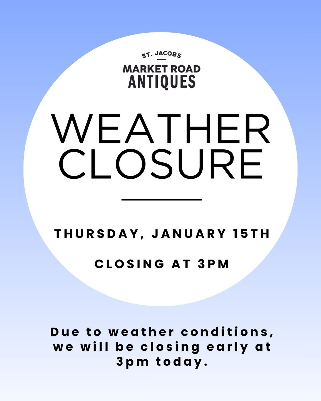 Due to the weather conditions, Market Road Antiques will be closing early today at 3pm. We apologize for the inconvenience and hope to see you soon. 

#stjacobsmarket #shoplocalontario #antiquemarket #vintagevibes #retro #weatherclosure