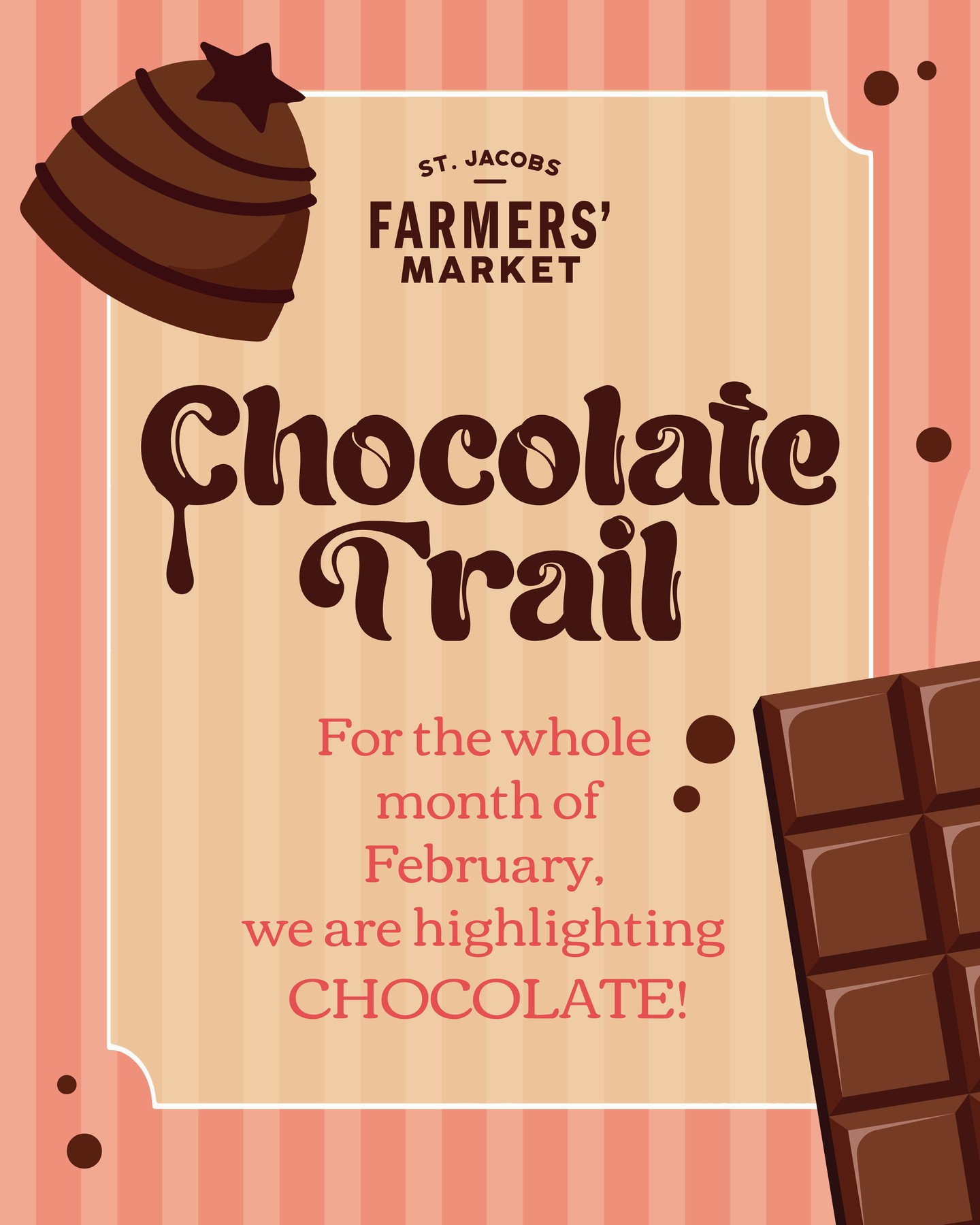 Indulge your sweet tooth on the Chocolate Trail this February! 🍫✨
Explore a market of decadence with our highlighted vendors, each offering divine chocolate treats that will melt your heart. Use our maps to find all the places that you can purchase chocolate treats at the market!
Join us on a journey of delightful flavours and celebrate the month of love with every scrumptious bite.
Market Hours
Thursday - 8:00am - 3:00pm
Saturday- 7:00am - 3:30pm