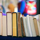 Several used books lined up of a shelf from The Crossings Used Books 