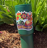 The completed collectable sticker displayed on a green tumbler cup