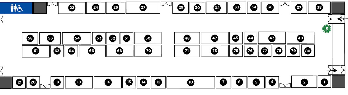 Map of Market Tent with vendor stalls numbered 1-80 showing washrooms, exits and ATM