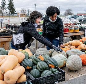 vendor showing off their produce to a customer 